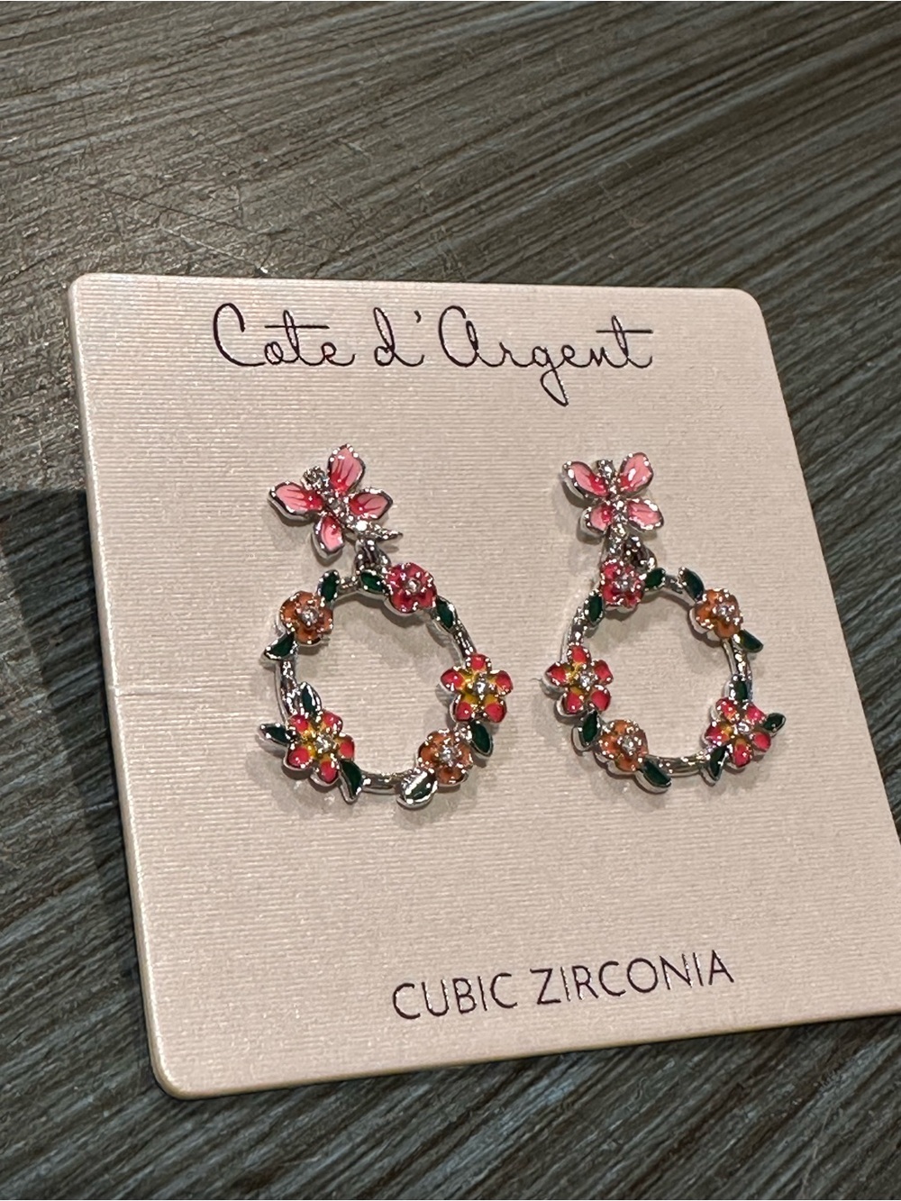 Cote d’Argent CZ Butterfly Floral Wreath Drop Hoop Earrings